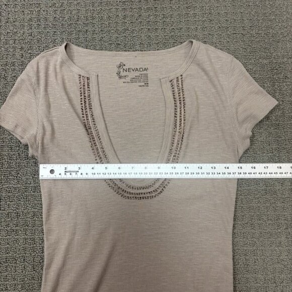 Nevada Shirt Medium Long Baby Tee Beaded Ribbed Scoop Plunge Neck Jersey Knit - Picture 3 of 9